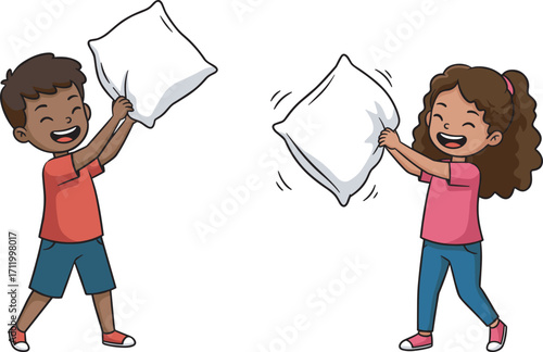 Happy children playing pillow fight, cartoon boy and girl enjoying fun, family activity, laughter, childhood joy, playful kids, cute illustration