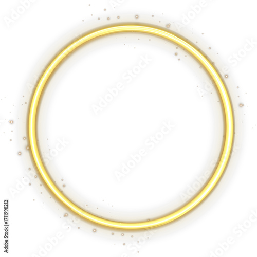 Vector golden light ring with fire trail and sparkling glow. Shiny luminous circle frame on transparent background for decoration, luxury branding, event design, magical poster or celebration banner.