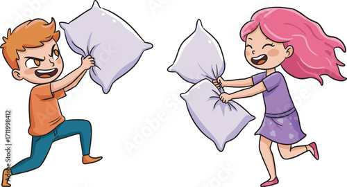 Happy children playing pillow fight, cartoon boy and girl fun, kids laughing together, childhood joy, family activity, playful lifestyle illustration