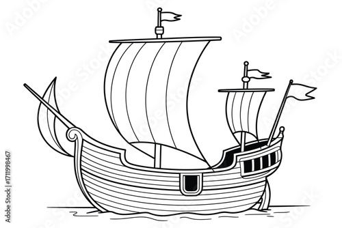 Vintage sailing ship illustration with tall masts and sails