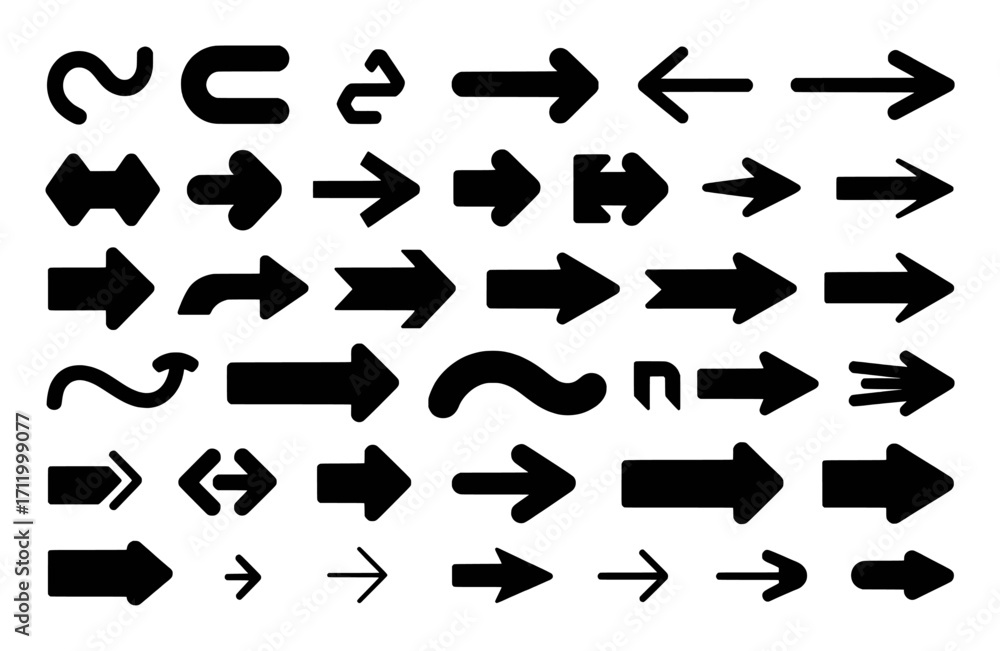 Collection of Black Arrows and Directional Symbols on White Background Collection of Black Arrows and Directional Symbols on White Background