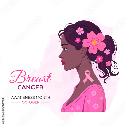 Vector illustration of a woman in profile with pink flowers in hair and breast cancer awareness ribbon, symbolizing hope, prevention, support and global health in October awareness month.