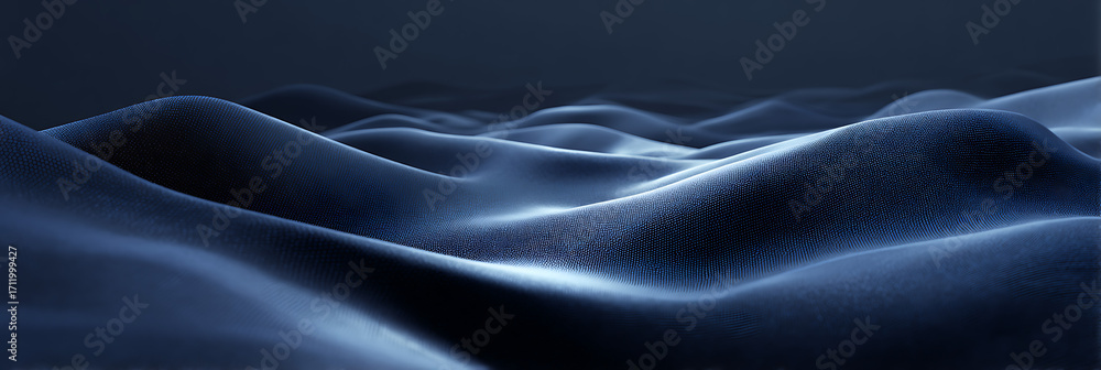 Fototapeta premium An abstract and smooth dark blue wavy surface, resembling fluid motion or undulating landscape, creating a serene and mysterious organic background. 