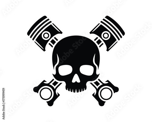 Crossed pistons and skull emblem for automotive or biker culture