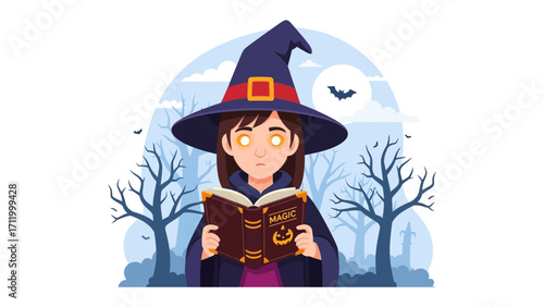 Mystic Witch with Spellbook: A whimsical witch in a tall hat, engrossed in reading a mystical spellbook, illuminated by glowing eyes.