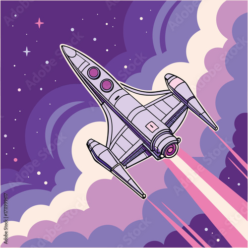 Futuristic spaceship soaring through a vibrant nebula in a retro sci-fi adventure scene