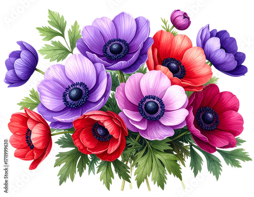 Vibrant Anemone Flower Bouquet Isolated on Transparent Background
