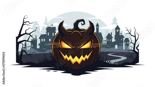 Spooky Jack-o'-Lantern Illustration: An intricately designed jack-o'-lantern, its eerie grin and glowing eyes casting an unsettling light over a silhouette town on a haunting halloween night.