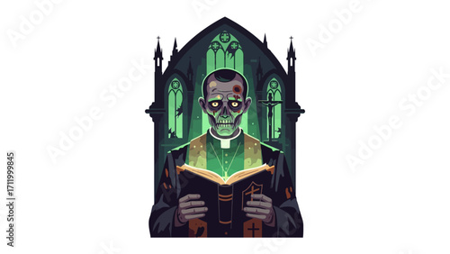 Zombie Priest: A spooky image of a zombie priest, depicted with a ghastly complexion, decaying features, and dark eye, holding an ancient book within a mysterious church environment