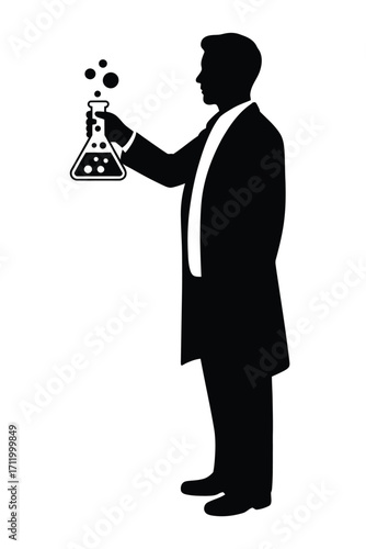 Silhouette of a scientist in a suit holding a bubbling erlenmeyer flask