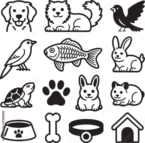 Adorable pets and supplies vector icon collection