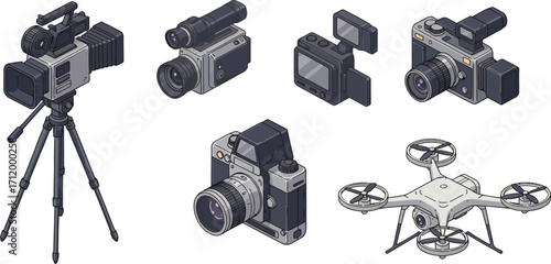 Isometric Video Camera Vector Set – Studio Camera, Film Camera, Drone Camera, Portable Camera