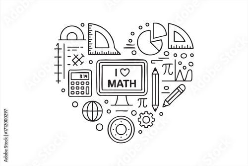 Vector background of math tools and educational icons in heart shape design
