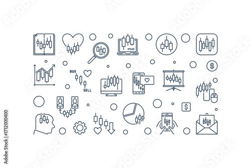 Investment and Trading thin line horizontal banner - vector Mastering Crypto Trades colored illustration