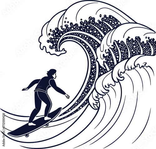 Surfer riding a powerful wave, enjoying the ocean's energy in dynamic vector art style