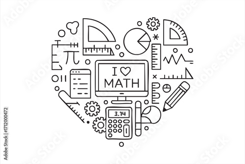 Vector illustration of math tools and equations forming a heart shape for education projects