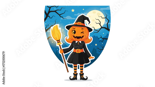 Whimsical Halloween Witch: A charming witch with a pumpkin head, complete with a pointed hat and broom, stands against a night scene, perfect for festive designs.