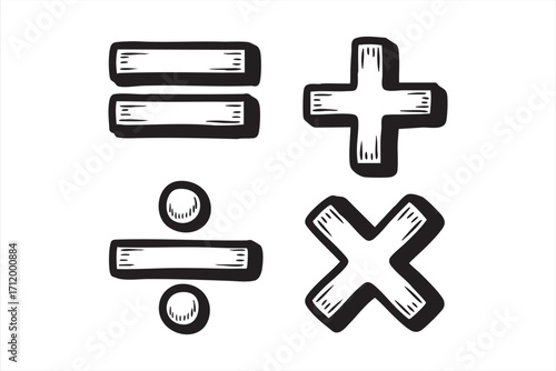 Hand-drawn vector icons of math operations for education and learning backgrounds