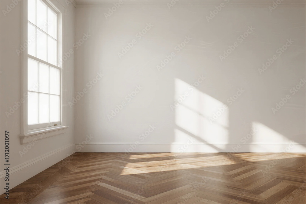 Fototapeta premium Bright and empty room with wooden floor and large window