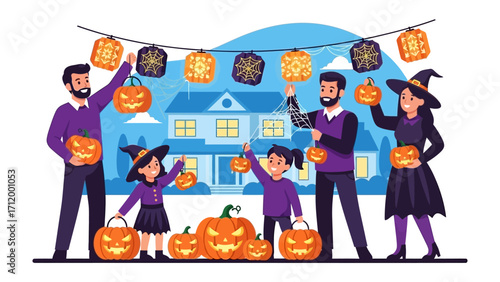 Halloween Home Decoration: A family joyfully decorating their home for Halloween, setting the stage for a night of spooky fun, with illuminated pumpkins and a garland of festive lanterns.