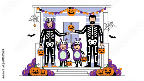 Spooky Halloween Family Celebration: A family dressed in matching spooky costumes, smiling with festive decorations and sweets, ready to embrace the spirit of the holiday season.