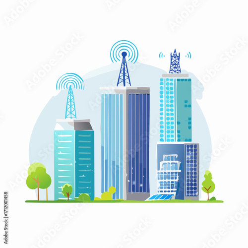 City Skyline Communication Modern Buildings with Wireless Network Towers
