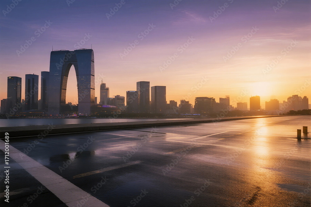 Fototapeta premium Sunset view of modern city skyline with unique architecture