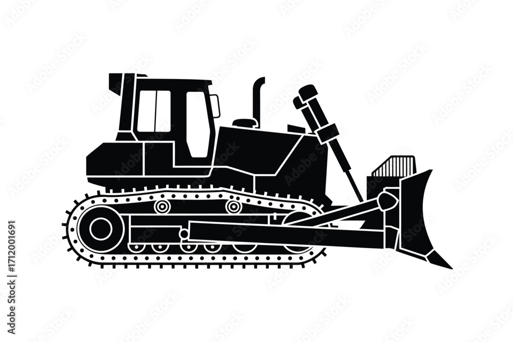 Naklejka premium Black silhouette of a heavy duty bulldozer with tracks and blade