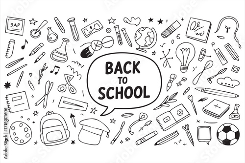 School supplies doodle set with globe, notebooks, and stationery for vector design