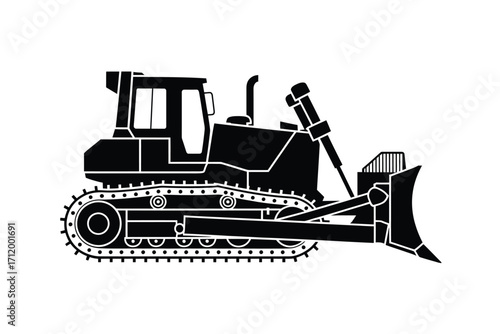 Black silhouette of a heavy duty bulldozer with tracks and blade