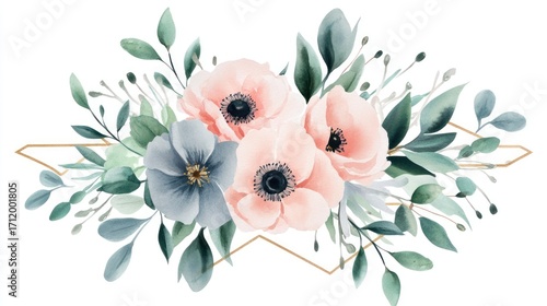 Wallpaper Mural Elegant Watercolor Floral Arrangement with Gold Geometric Frame Torontodigital.ca