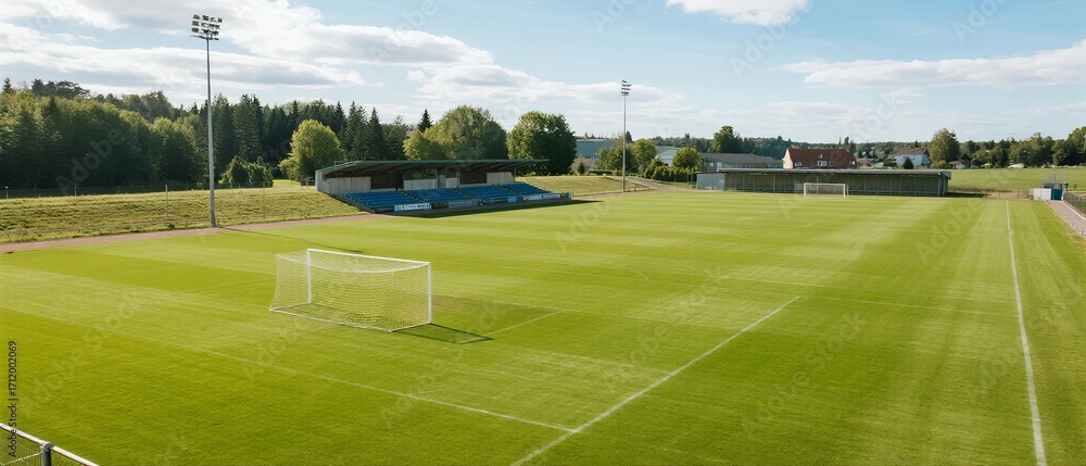 Obraz premium A well-maintained soccer field with goalpost and surrounding greenery