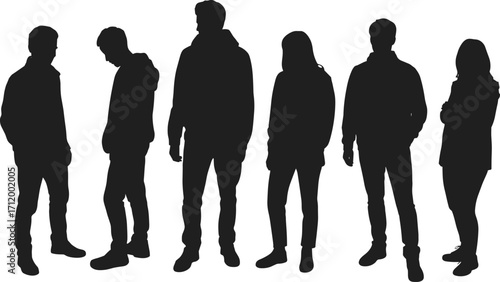 Silhouettes of young people standing, casual pose, diverse group, modern fashion, urban style, teamwork, friendship, social gathering, confident stance, community, youth culture, lifestyle.