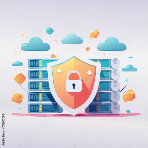 Digital data security and cloud computing protection with network server safeguarding, illustrating robust cyber defense and online privacy solutions and technological infrastructure management