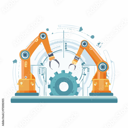 Robotic arms assemble a large cogwheel in a modern industrial setting with futuristic technology elements and clear blue background