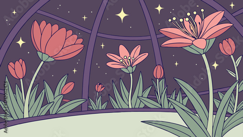Enchanting floral bloom under starry night sky, a dreamy garden scene, vector illustration