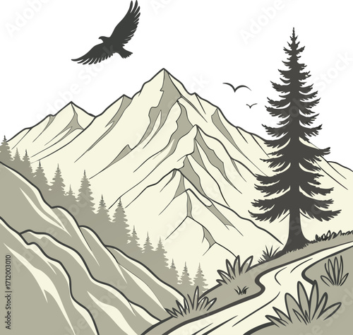 Stunning mountain landscape vector illustration with eagle soaring above majestic peaks and winding trail