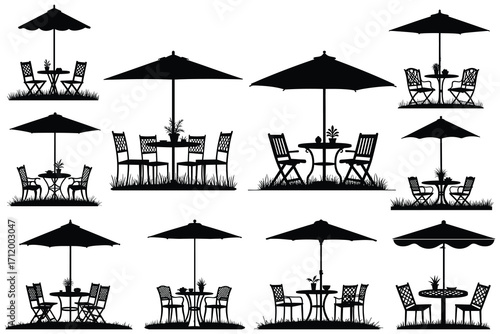 Collection of outdoor patio table and chair silhouettes with umbrellas