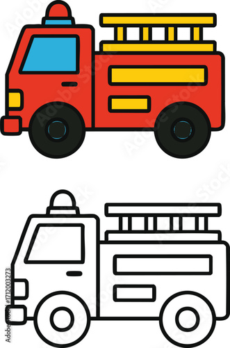 Cartoon Fire Truck Illustration A Colorful and Outline Version.