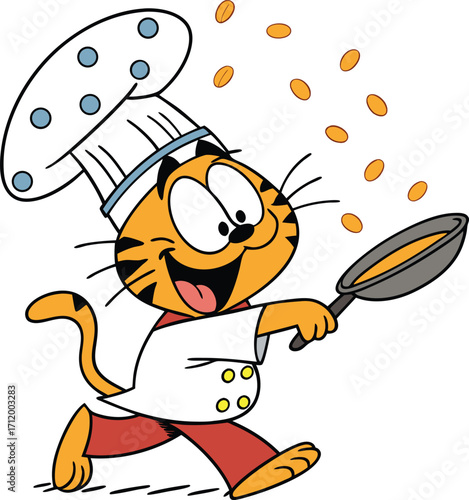 Funny cartoon cat chef tossing food in a pan, cheerful cooking character for kids projects