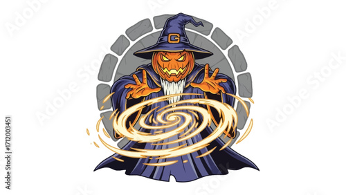 Mystical Pumpkin Sorcerer: A captivating digital illustration of a pumpkin-headed sorcerer, conjuring swirling energy with an air of mystery. Evoking a sense of magic and wonder.