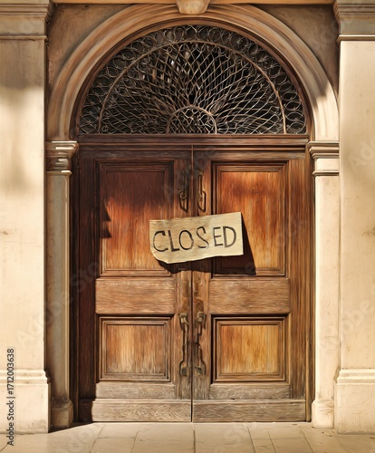 A wooden door with a closed sign and ornate metalwork details.