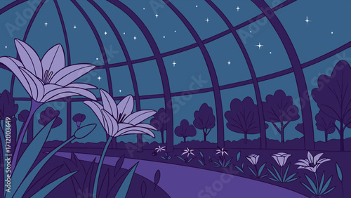 Enchanting nighttime garden under a glass dome with blooming lilies and starry sky in peaceful illustration