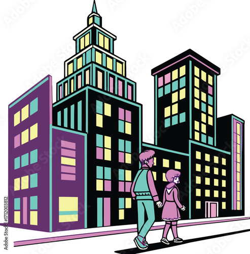 Father and daughter walk in vibrant city, neon skyline, modern urban life, family outing, city adventure