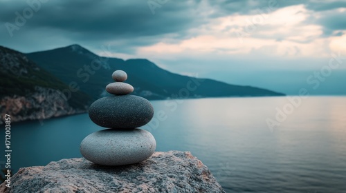 Wallpaper Mural Serene Stacked Stones by the Sea: A Peaceful Coastal Vista Torontodigital.ca