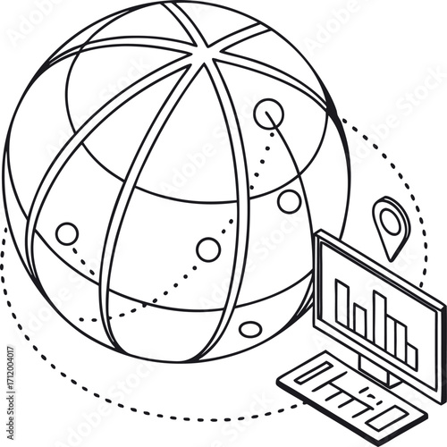 Global business network analytics concept with modern monitor displaying charts and data points