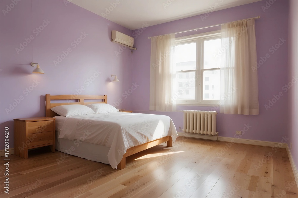 Fototapeta premium Cozy bedroom with purple walls and wooden flooring