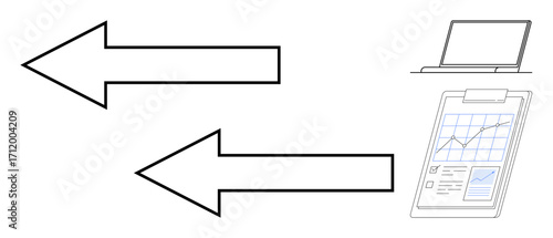 Two bold arrows pointing in opposite directions next to a laptop and a clipboard with a data graph. Ideal for communication, decision-making, analytics, conflict resolution, teamwork, strategy