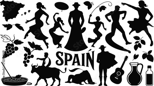 Spain culture silhouettes, flamenco dancers, bullfighting illustration, Spanish traditions, wine grapes, guitar music, Mediterranean lifestyle, Spanish food, heritage art, travel inspiration