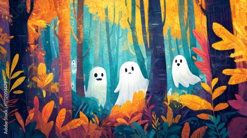 Cute White Ghosts in Magical Autumn Forest with Orange and Teal Trees and Warm Golden Lighting